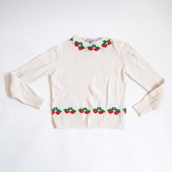 80s Strawberry Trim Sweater L Large / cottage core - Picture 6 of 7